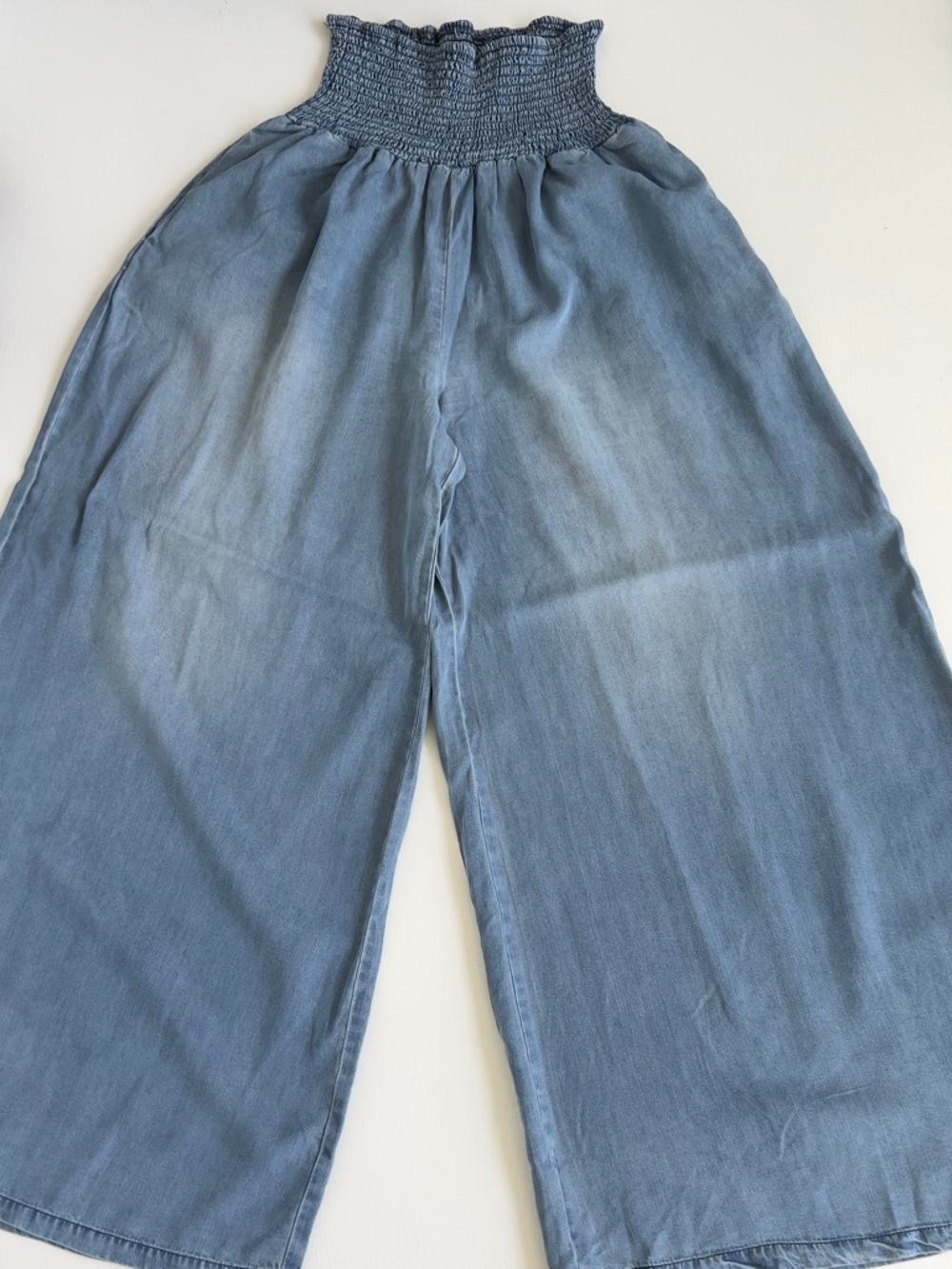 Smocked Waist Wide-Leg Chambray Pants - Light Blue